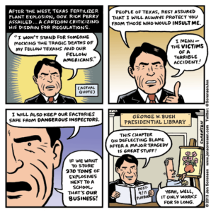 cartoon about Rick Perry and the West, Texas fertilizer plant explosion