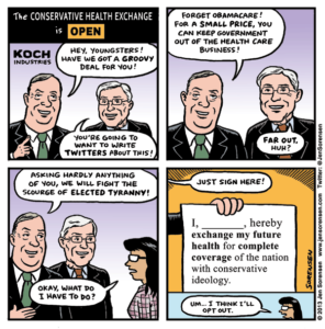 cartoon about Affordable Care Act and Koch Brothers