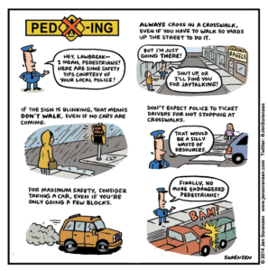 cartoon about jaywalking pedestrians and police