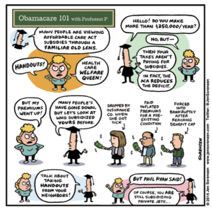 Cartoon explaining Obamacare subsidies and tax credits
