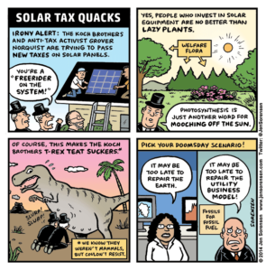 Cartoon about Koch Brothers lobbying for a solar panel tax