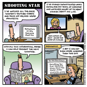 Cartoon about news coverage of mass shooters
