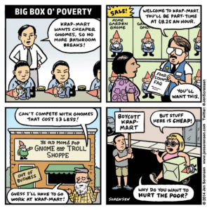 Cartoon about the cycle of poverty caused by Walmart and other big box stores