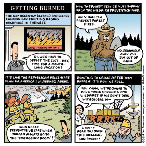 Cartoon about Republicans in Congress blocking funding for fighting wildfires in the U.S. West in 2014