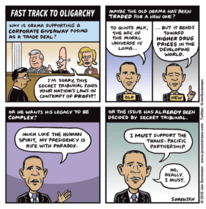 Cartoon on TPP, Trans-Pacific Partnership fast track trade agreement