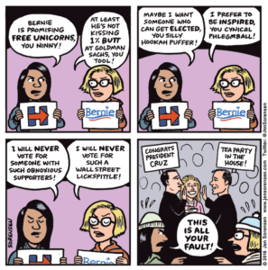 cartoon about Hillary Clinton and Bernie Sanders supportrs