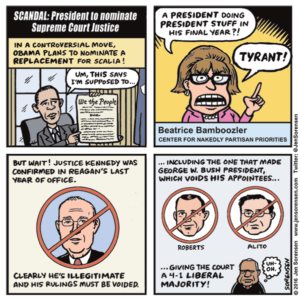 Cartoon about Obama picking a Supreme Court nominee after death of Justice Scalia
