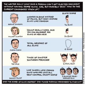 cartoon ranking the 2016 presidential candidates by amount of Elvis