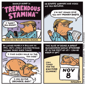 cartoon about Donald Trump's claim that he has tremendous stamina