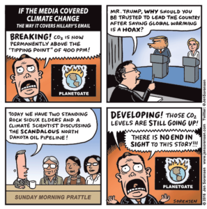 cartoon imagining if news media reported on climate change like Hillary Clinton's email server
