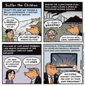 Cartoon about Donald Trump's threat to children's health despite professing to care about children in Syria