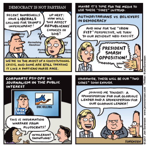 cartoon about both-sidesism and threat to American democracy