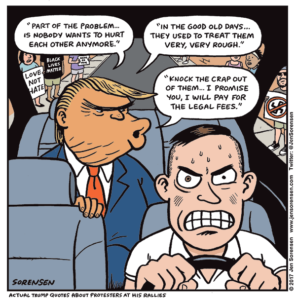 Cartoon about Donald Trump's violent rhetoric about protesters at his rallies as a precursor to Charlottesville attack