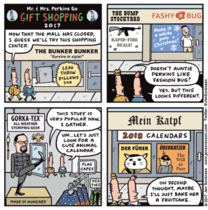 Cartoon about gift shopping in the political climate of 2017
