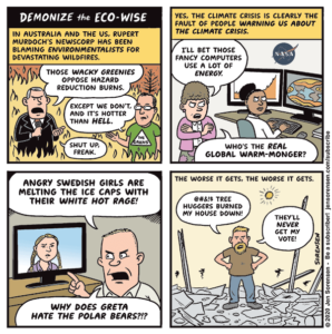cartoon about falsely blaming environmentalists for wildfires