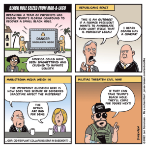 Cartoon about both-sidesing the FBI raid on Mar-a-Lago