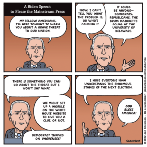 cartoon about Biden's Philadelphia speech about the threat to democracy
