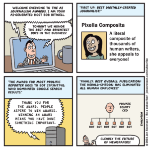 cartoon about AI writers replacing human journalists